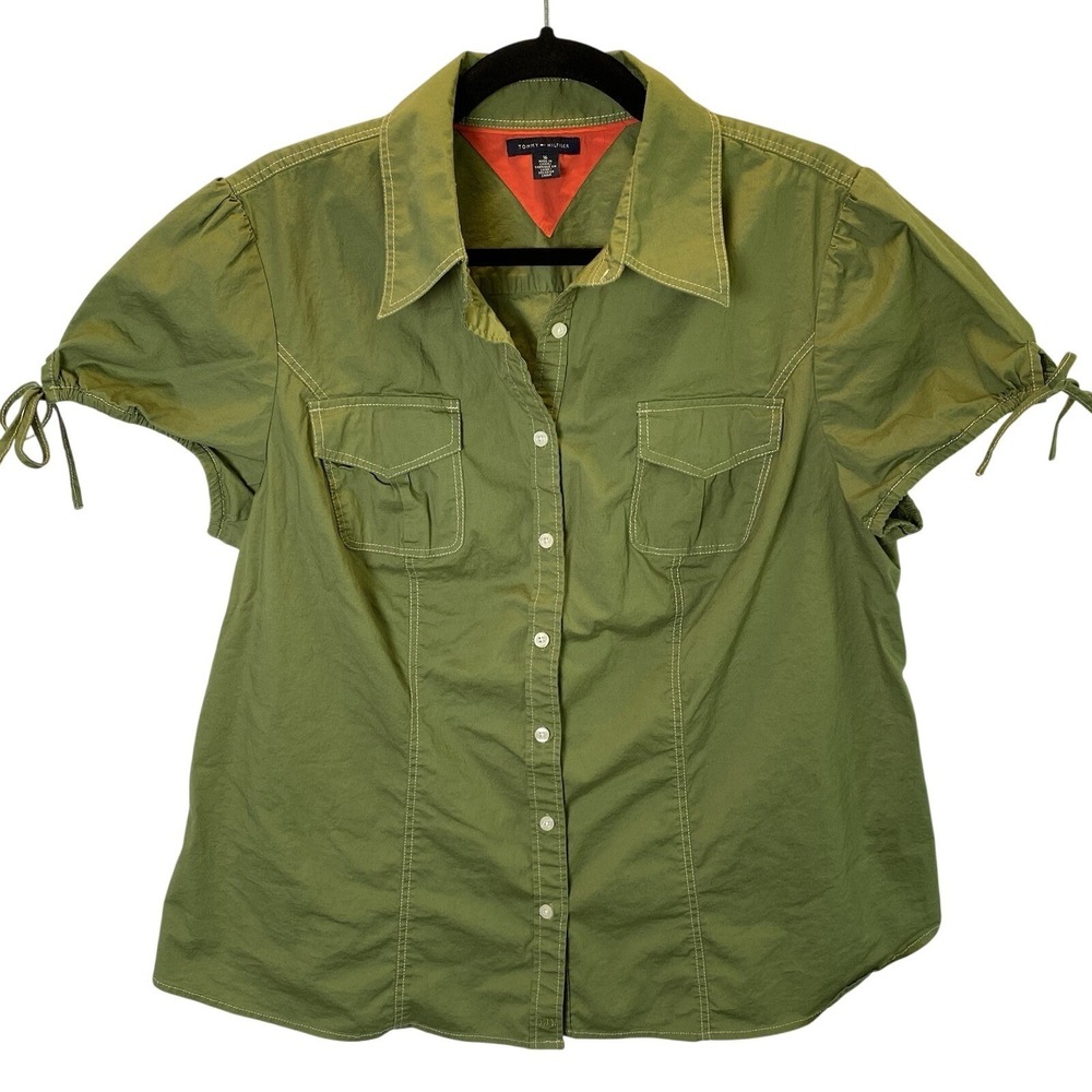 Tommy Hilfiger Button Up Shirt Women Size 16 Green Drawstring Cap Sleeve Preppy